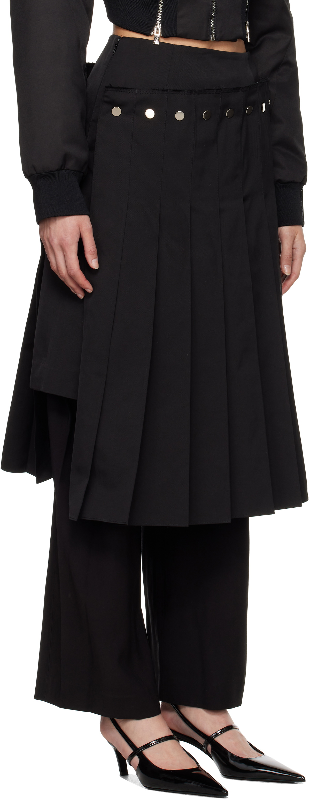 Rokh Black Double Layered Pleated Midi Skirt
