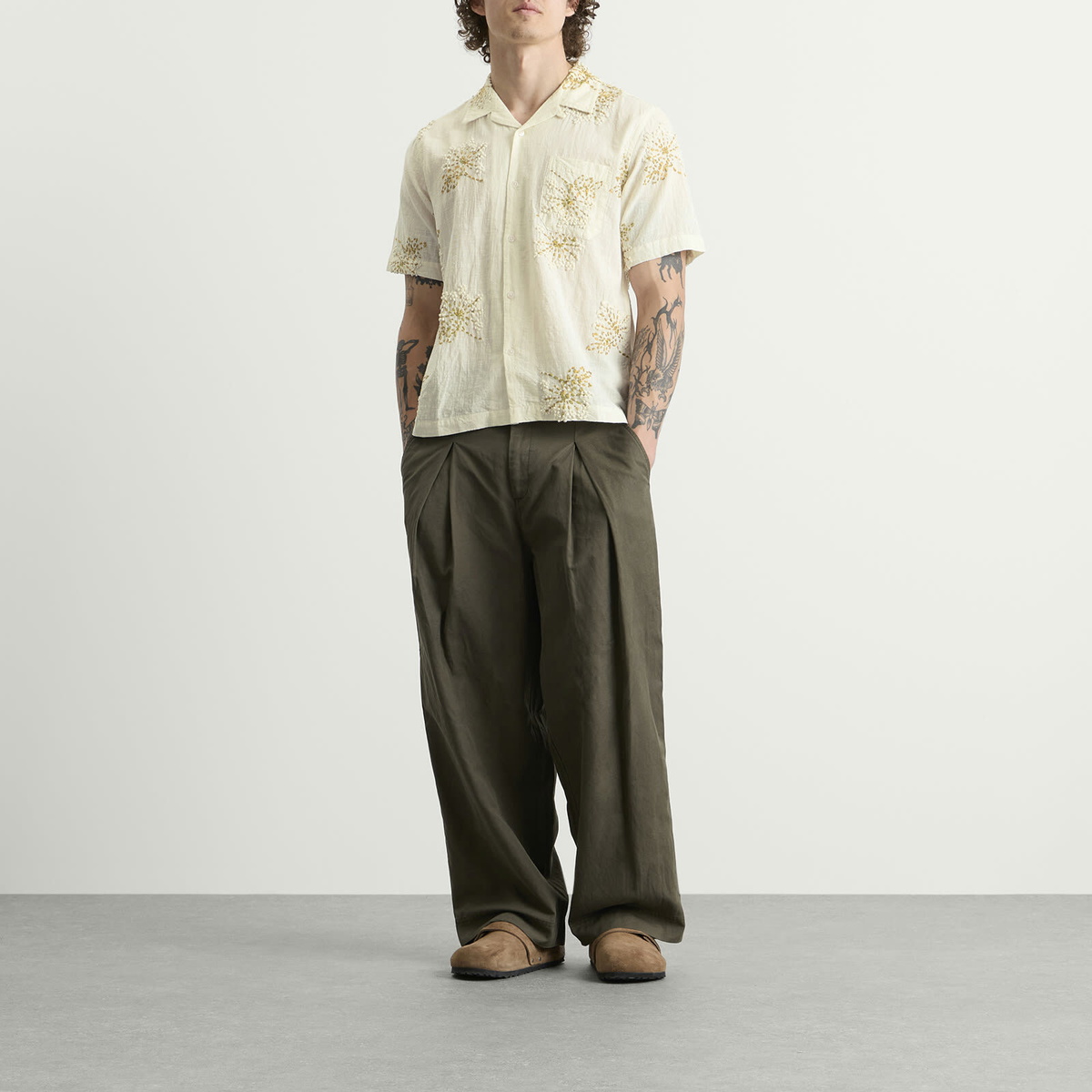 Universal Works Men's Hand Embroidered Stripe Road Shirt in Ecru