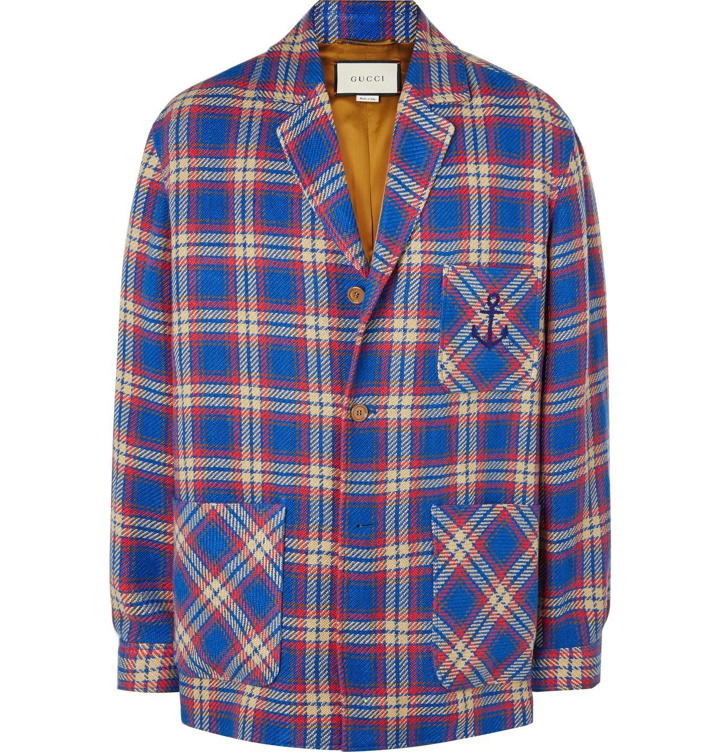 Photo: Gucci - Embroidered Checked Linen and Cotton-Blend Blazer - Blue