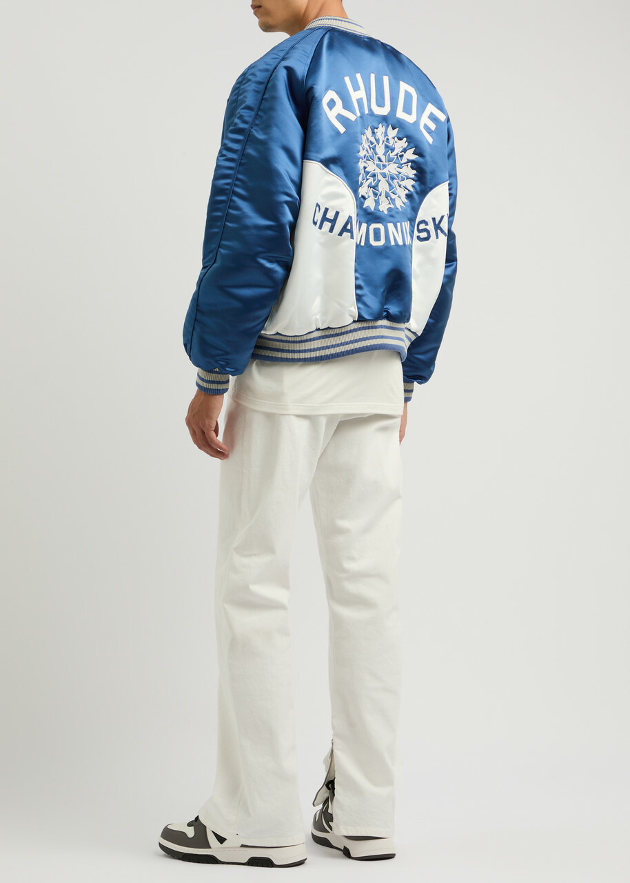 Rhude Chamonix Ski Souvenir Satin Bomber Jacket Blue And White