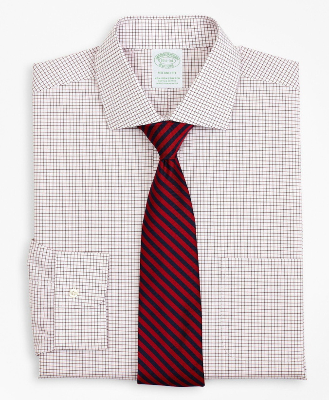 Photo: Brooks Brothers Men's Stretch Milano Slim-Fit Dress Shirt, Non-Iron Poplin English Collar Small Grid Check | Red