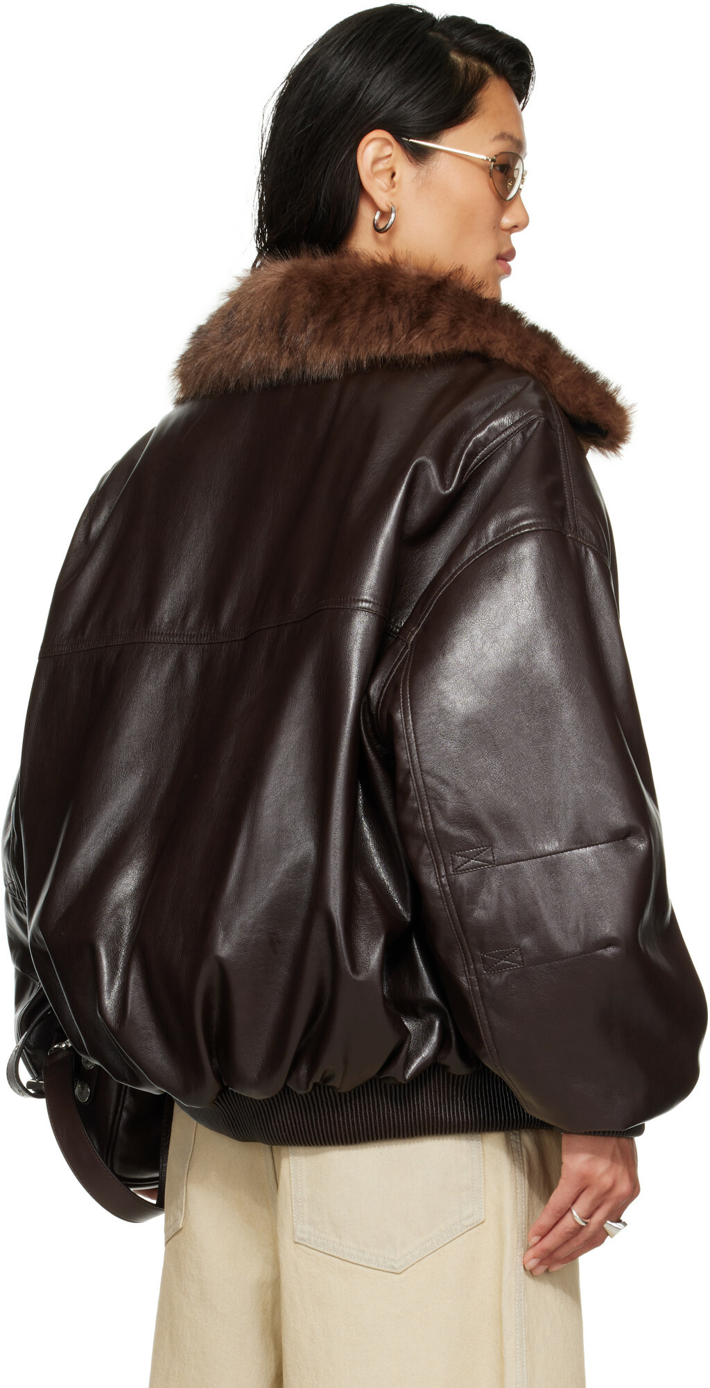 LU'U DAN Brown Faux-Leather Cargo Flight Jacket