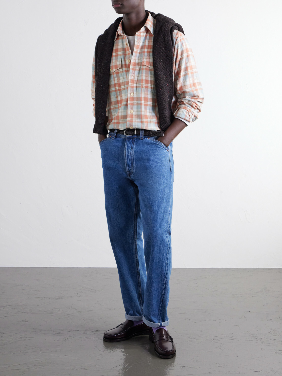 Drake's - Checked Brushed Cotton-Flannel Shirt - Orange