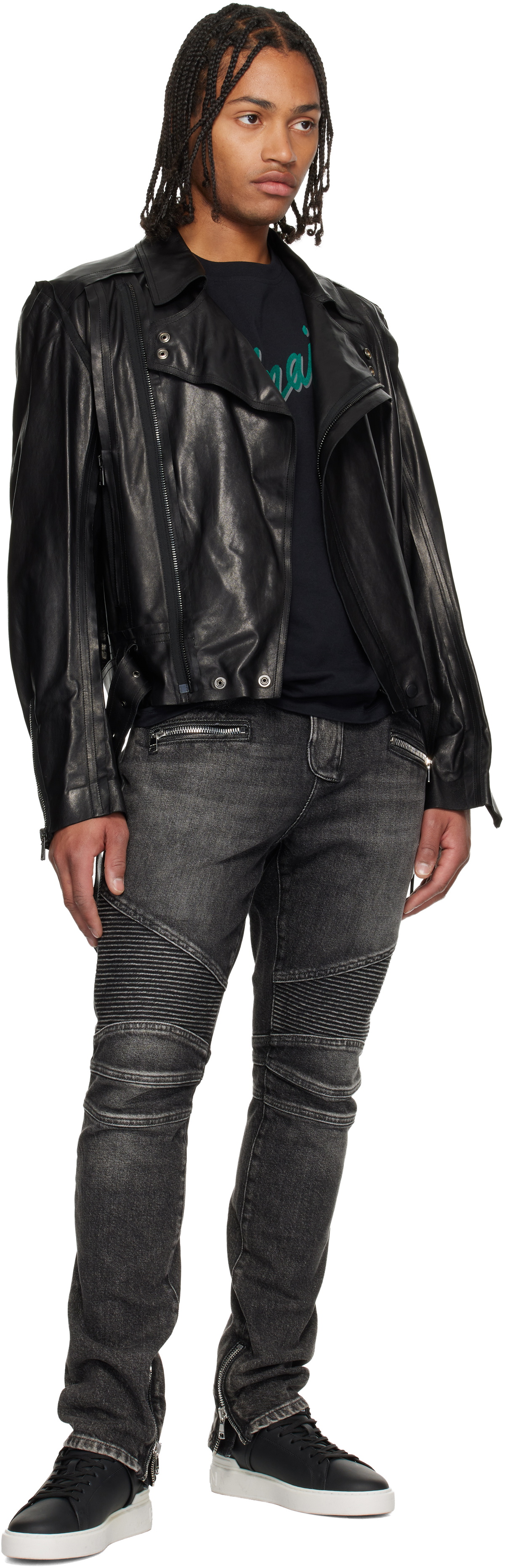 Balmain Black Lightweight Lambskin Leather Biker Jacket