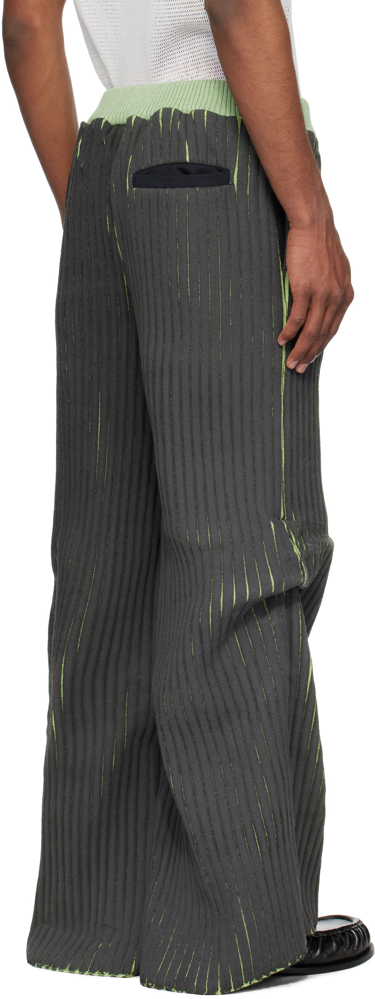 Stanley Raffington Black & Green Warped Ribbed Trousers