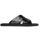 Balenciaga - Logo-Print Croc-Effect Leather Slides - Black