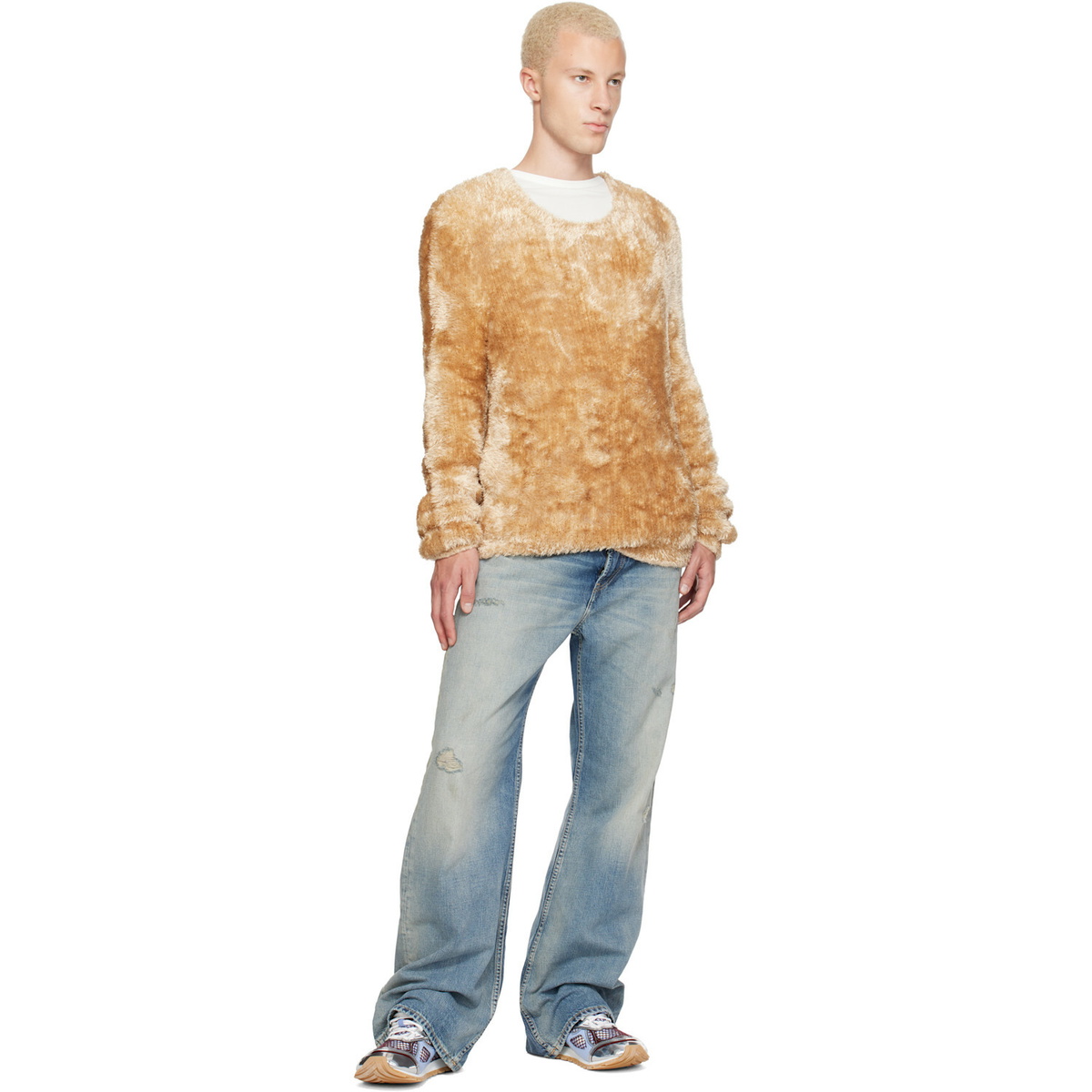 Marine Serre Beige Wild Fluffy Knit Crewneck Sweater