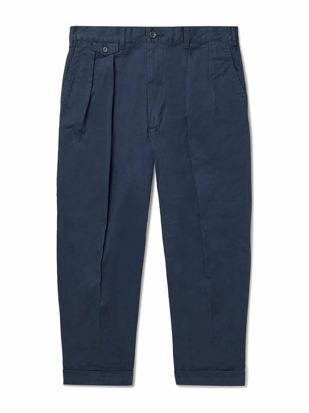 Photo: Beams Plus - 2 Pleats Tapered Cropped Pleated Cotton-Blend Twill Trousers - Blue
