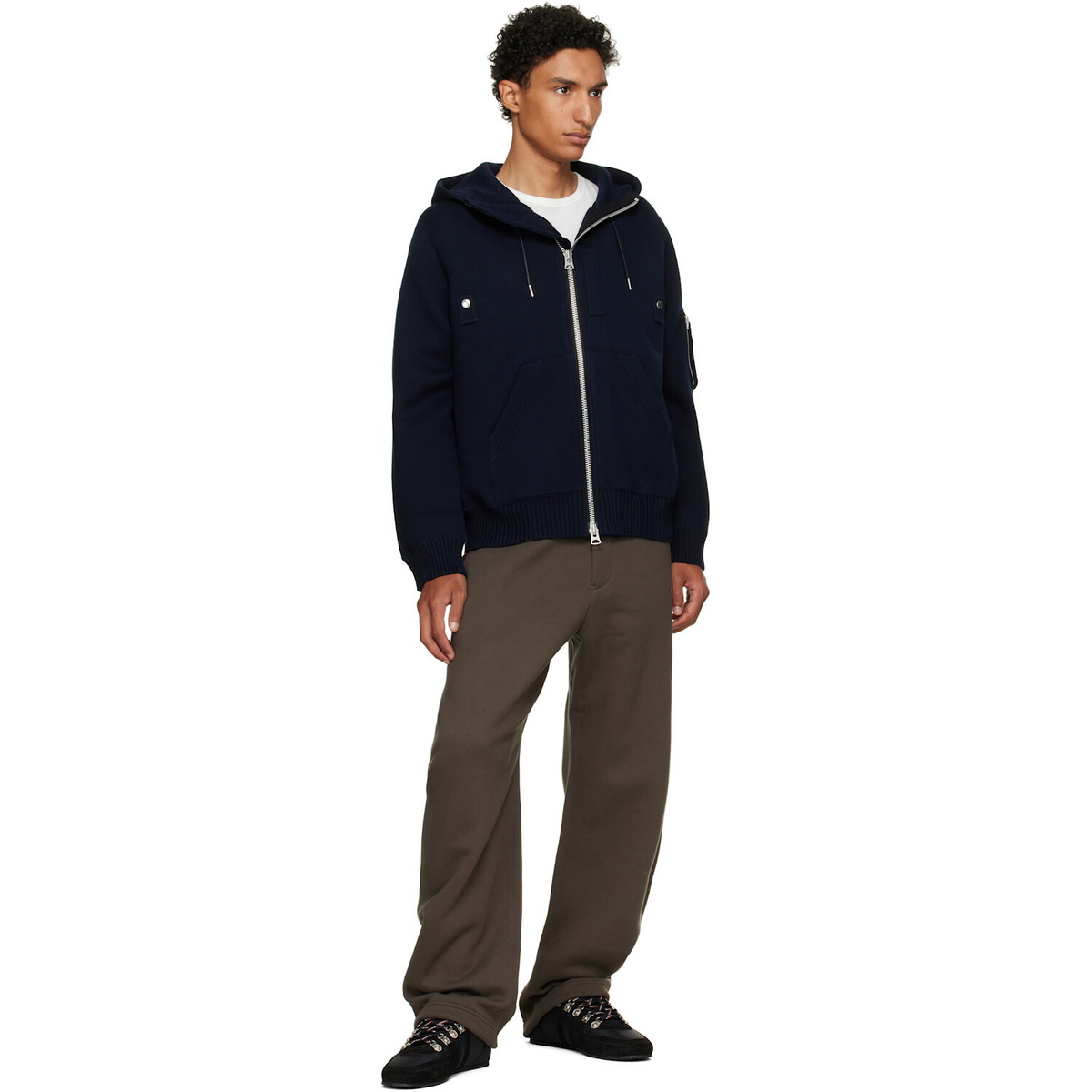 sacai Navy Cotton Cashmere Knit Hoodie