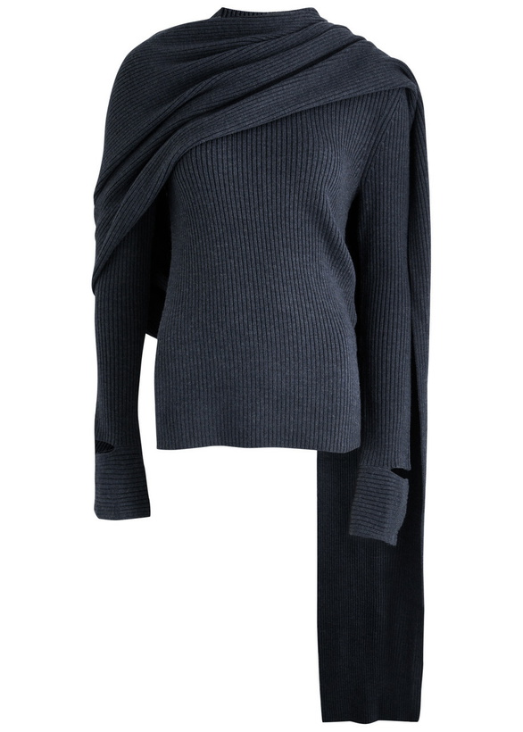 Photo: Helmut Lang Draped Ribbed Wool-blend Jumper Navy