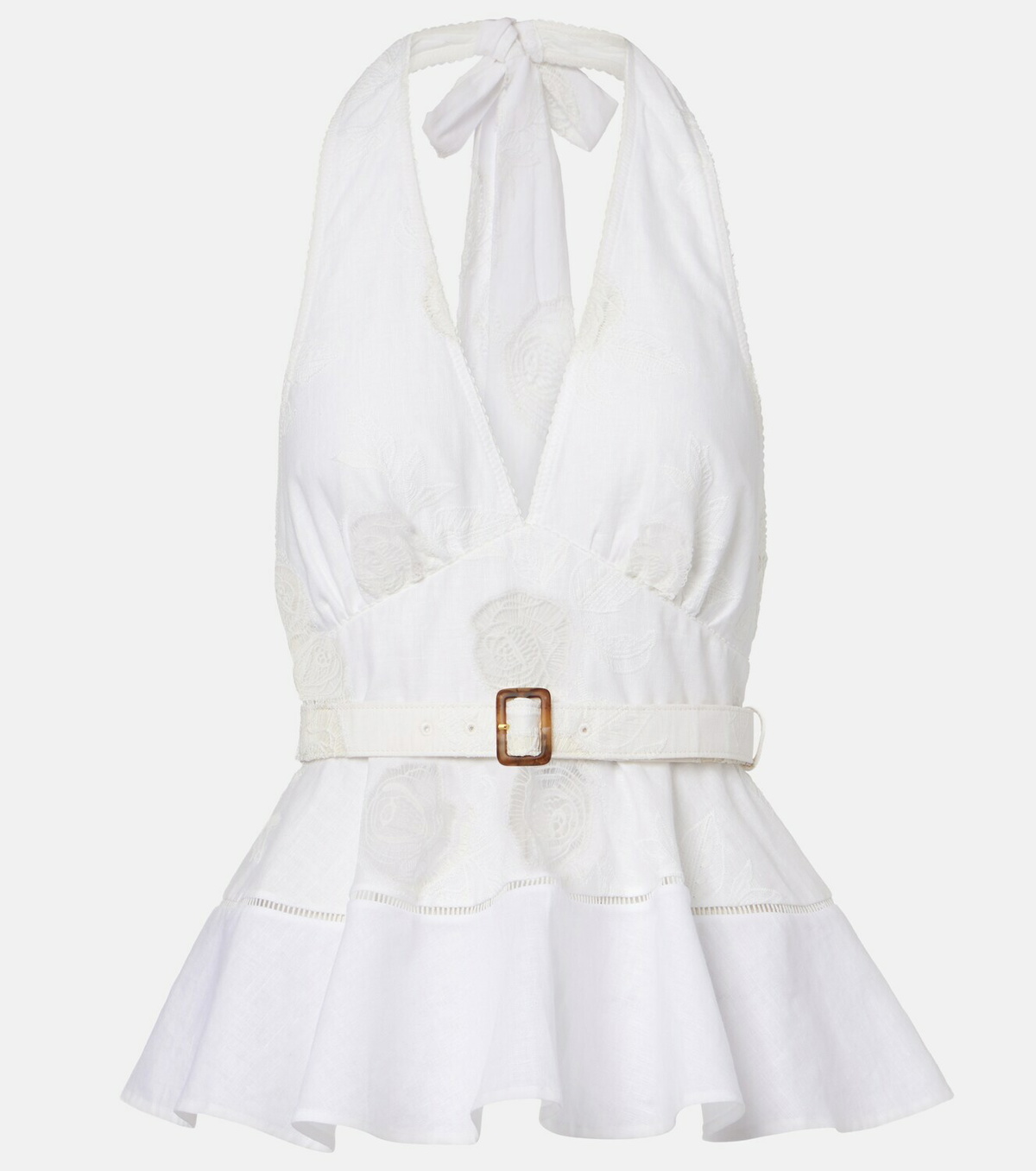 Self-Portrait Broderie anglaise peplum linen and cotton top