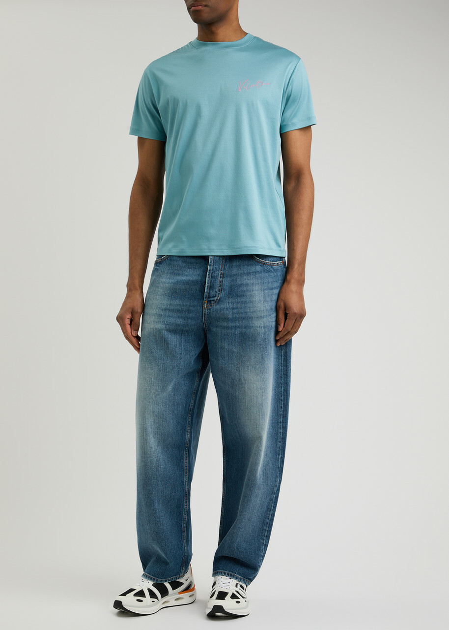 Valentino Logo-embroidered Cotton T-shirt Blue Valentino