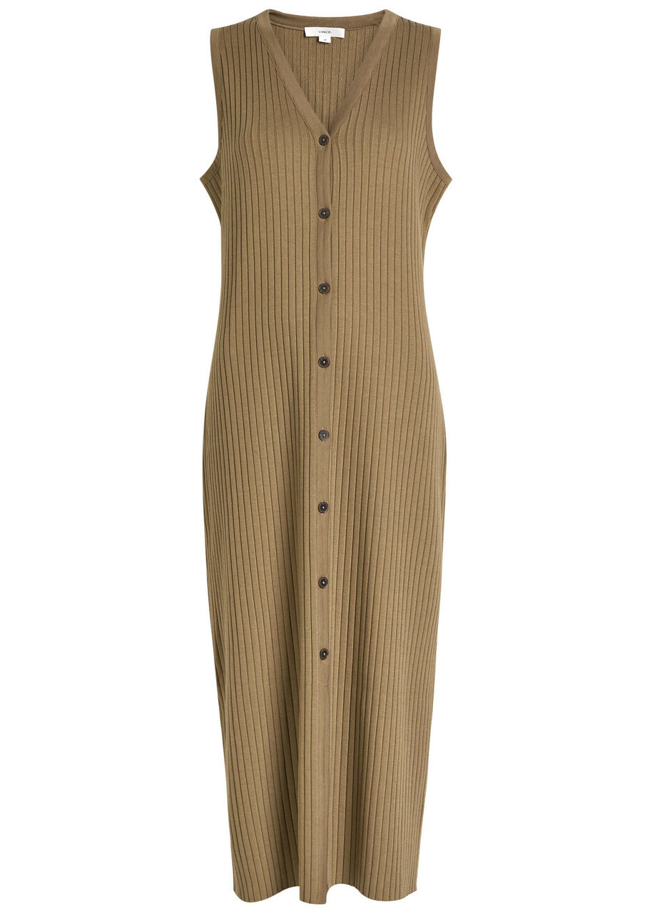 Vince Ribbed Stretch-knit Midi Dress Beige