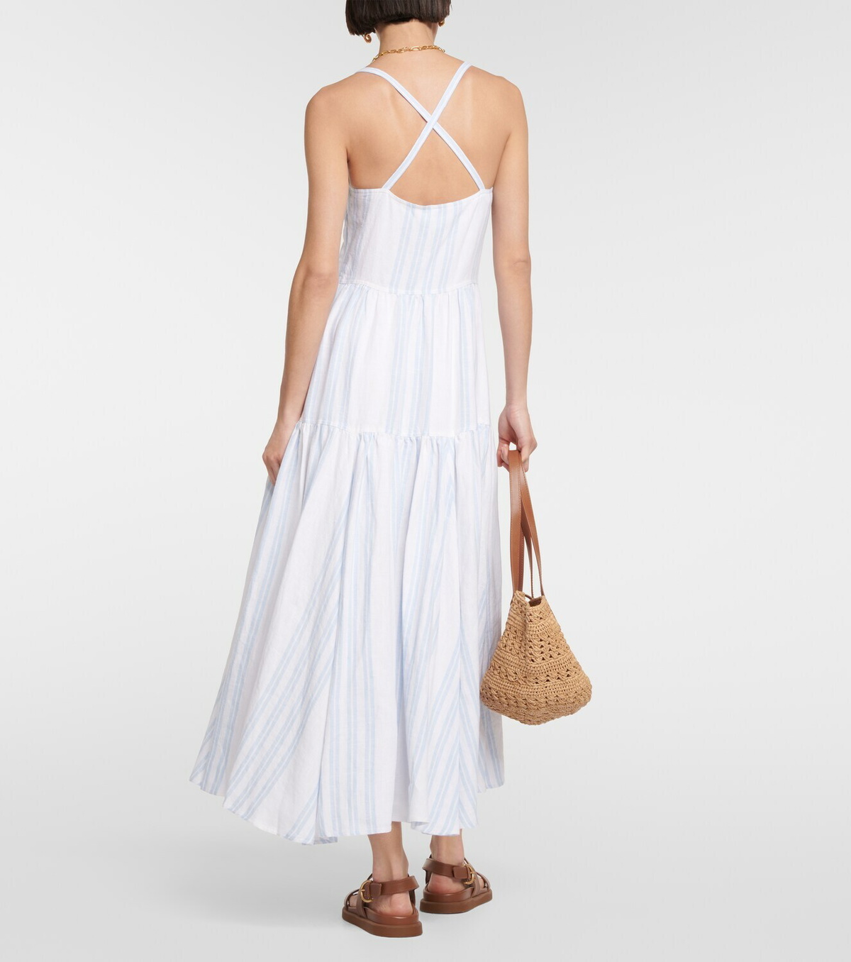 knee length dresses for ladies White Linen Woven Collared Long Sleeve Dress main image 0