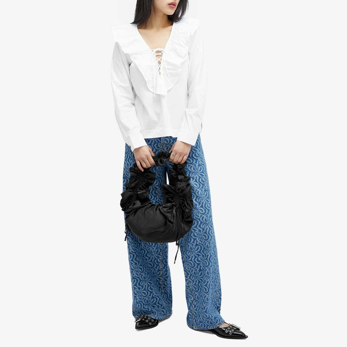GANNI Women's Cotton Poplin Ruffle V-neck Blouse in Bright White GANNI