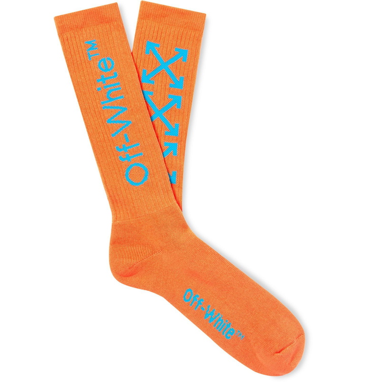 Photo: Off-White - Logo-Intarsia Ribbed Cotton-Blend Socks - Orange