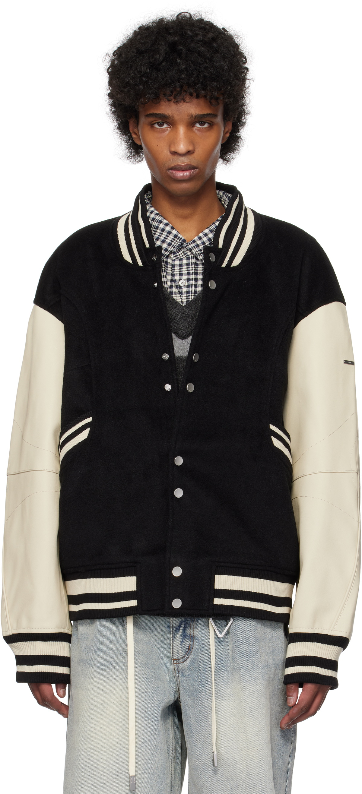 C2H4 Black Curvilinear Varsity Bomber Jacket