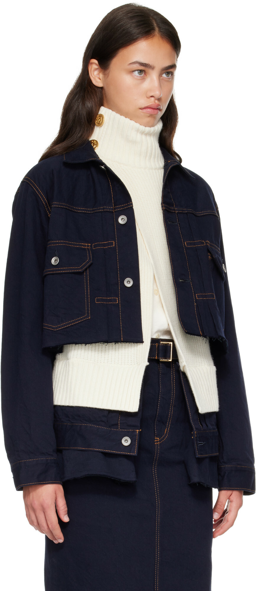 sacai Navy & White Wool Knit x Denim Jacket