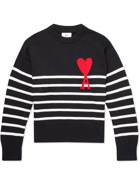 AMI PARIS - Logo-Intarsia Striped Organic Cotton and Wool-Blend Sweater - Black