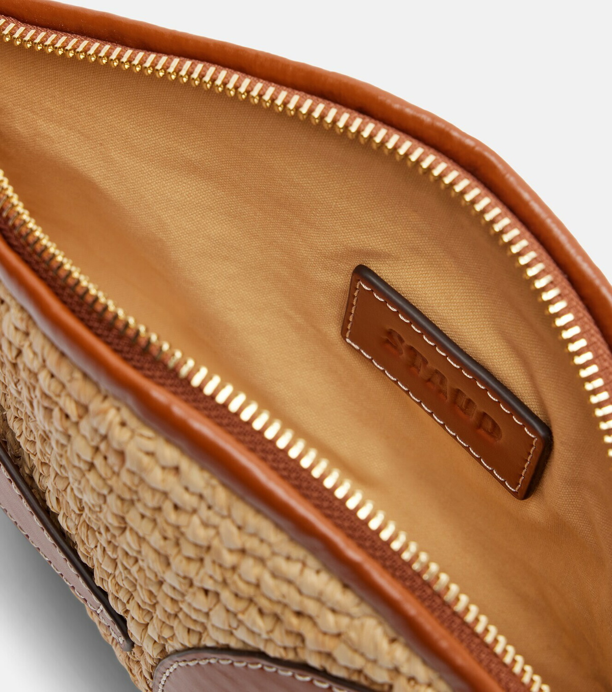 Staud Pesce leather-trimmed raffia clutch