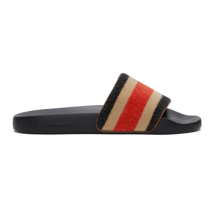 Photo: Burberry Beige and Black Wool Striped Furley Slides