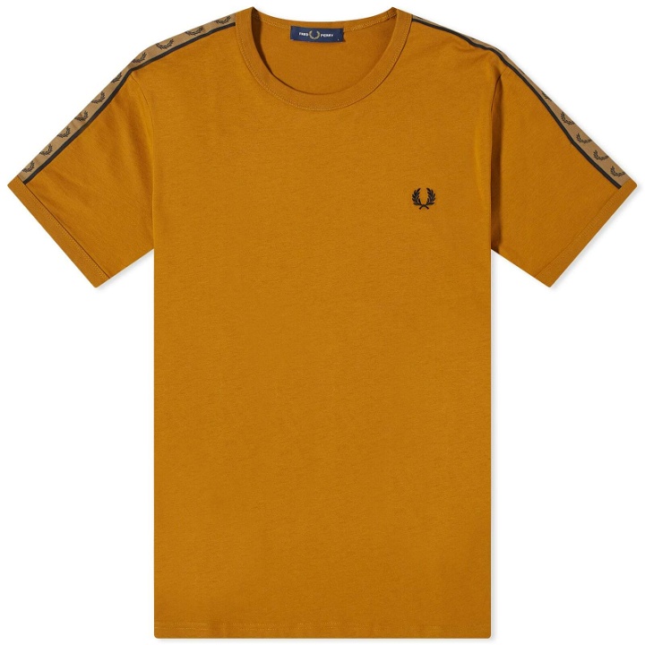 Photo: Fred Perry Men's Contrast Tape Ringer T-Shirt in Dark Caramel/Shaded Stone