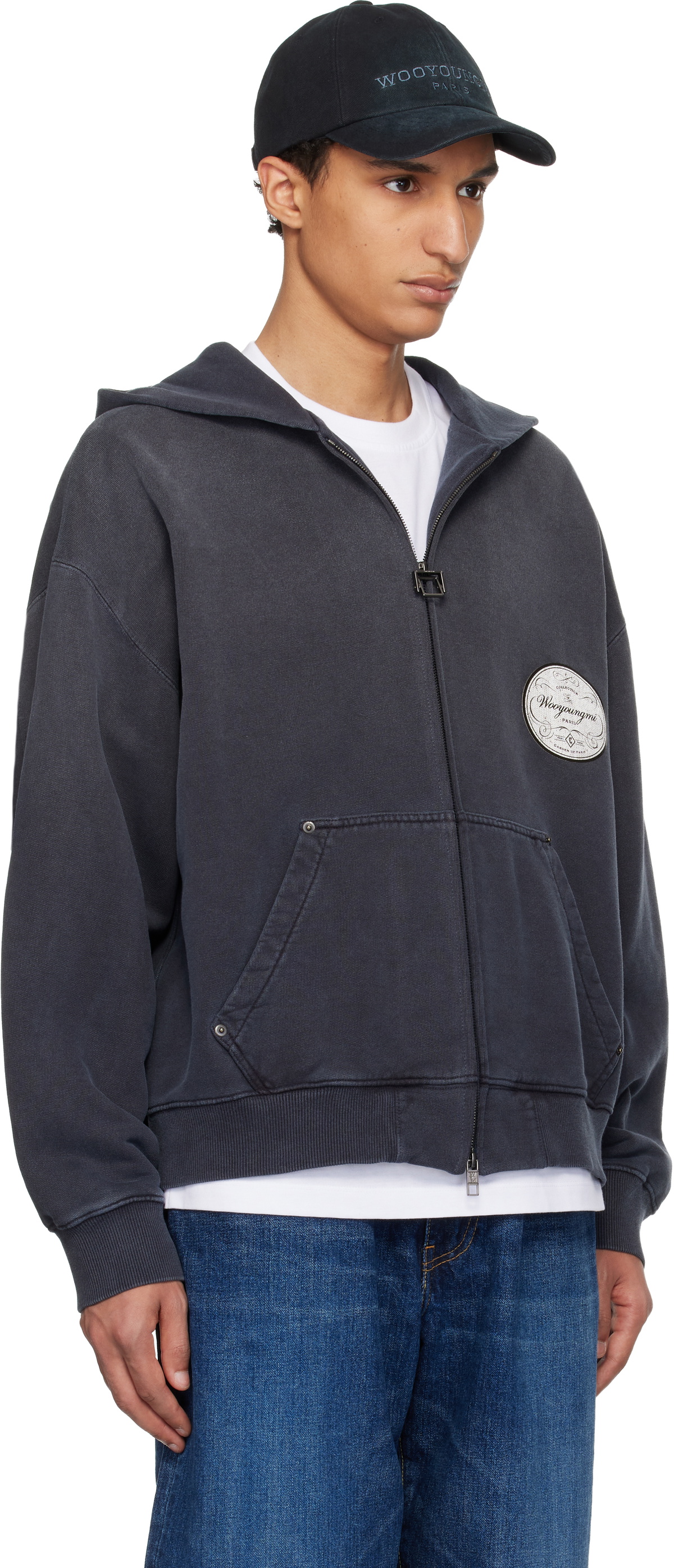 WOOYOUNGMI Navy Lettering Back Logo Zip-Up Hoodie