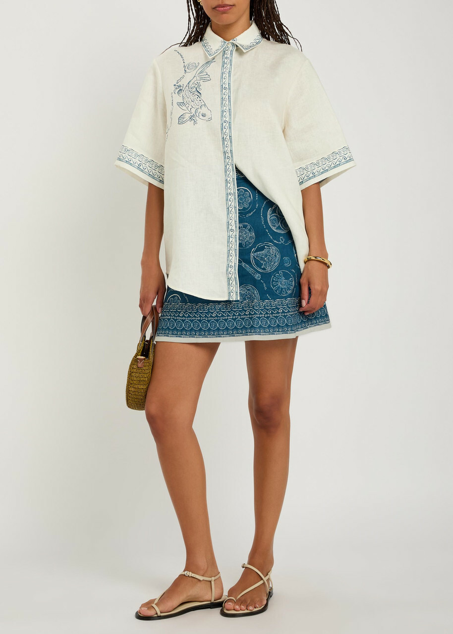 Alemais Lucky Printed Linen Mini Skirt Blue