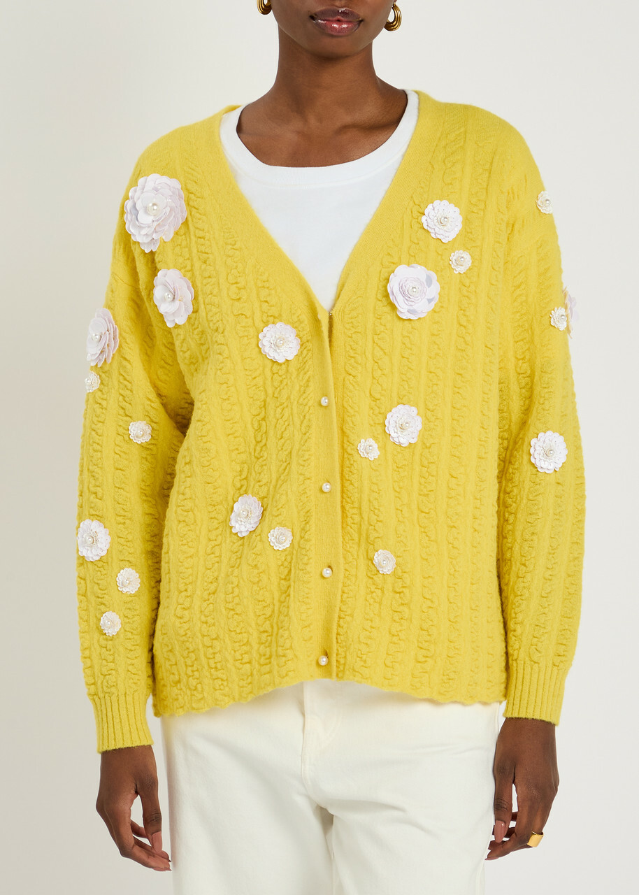 Bernadette Cammi Floral-embellished Wool-blend Cardigan Yellow