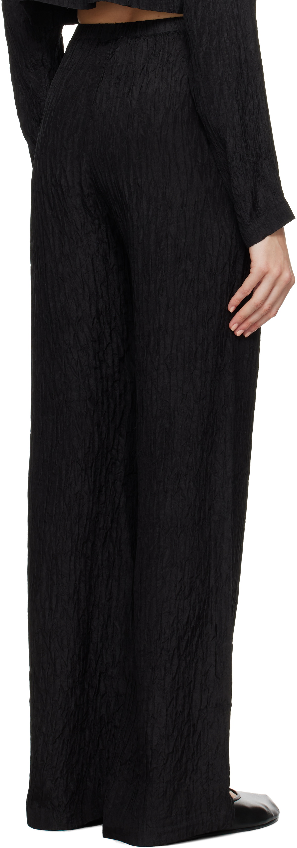 Silk Laundry Black Crinkle Flare Lounge Pants