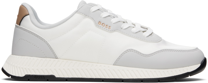 Photo: BOSS White & Gray Textured Uppers Low-Top Sneakers