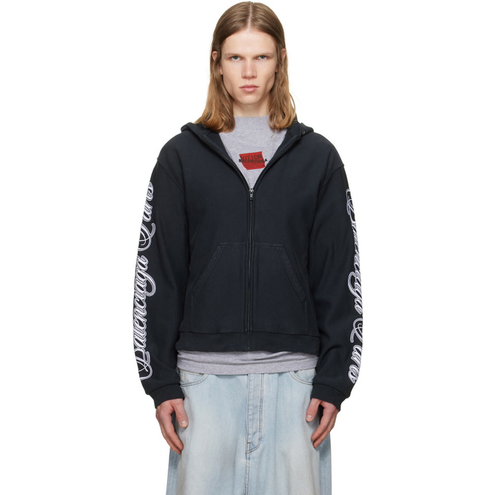Photo: Balenciaga Black Cursive Zip-Up Regular Fit Hoodie