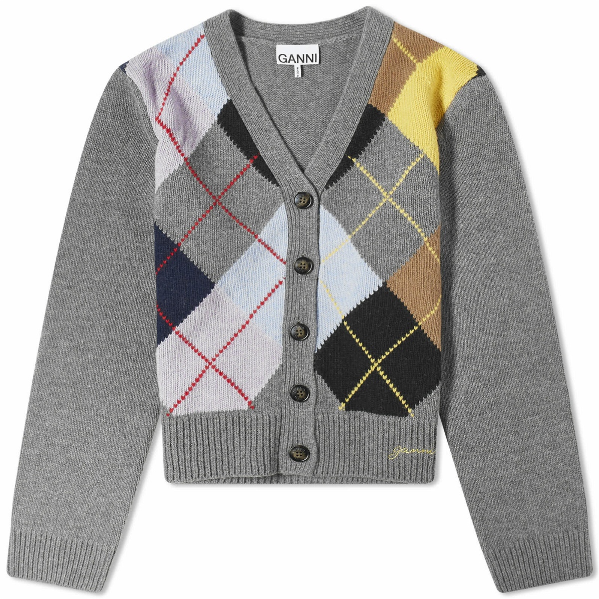 Photo: GANNI Women's Harlequin Wool Mix Knit Cardigan in Frost Gray