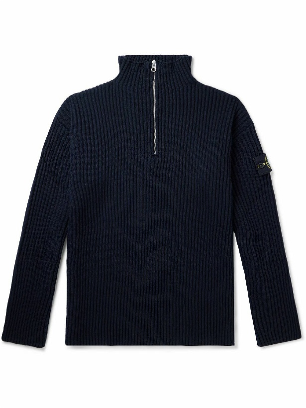 Photo: Stone Island - Logo-Appliquéd Ribbed Wool Half-Zip Sweater - Blue