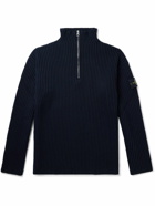 Stone Island - Logo-Appliquéd Ribbed Wool Half-Zip Sweater - Blue