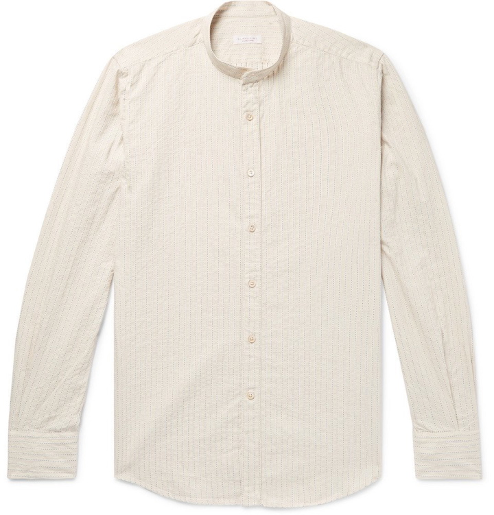Photo: Incotex - Grandad-Collar Striped Cotton and Linen-Blend Shirt - Cream