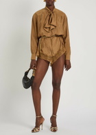 Saint Laurent Lace-trim Brushed Satin Playsuit Caramel