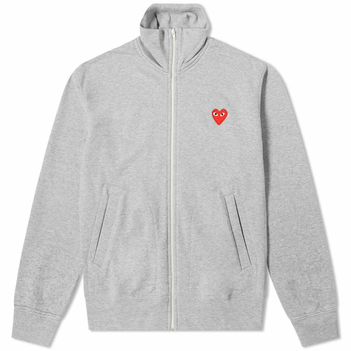 Photo: Comme des Garçons Play Men's Red Heart Zip Back Print Track Top in Grey