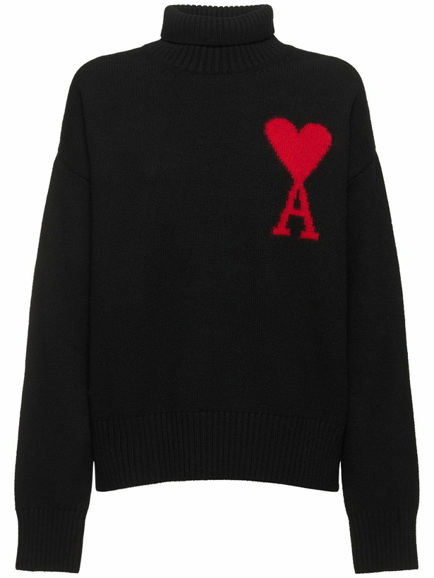 Photo: AMI PARIS Logo Felted Wool Funnel Neck Sweater