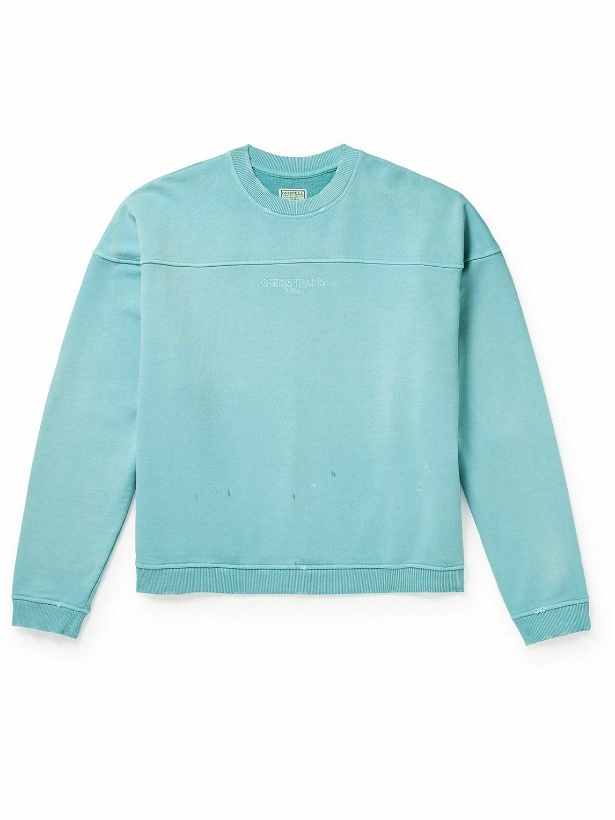 Photo: Guess USA - Gusa Classic Logo-Embroidered Distressed Cotton-Jersey Sweatshirt - Blue