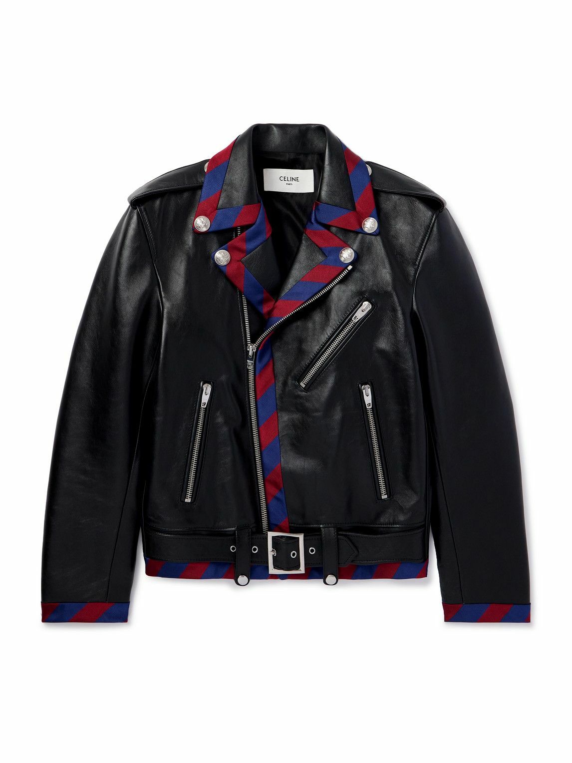 CELINE - Belted Striped Twill-Trimmed Leather Biker Jacket - Black