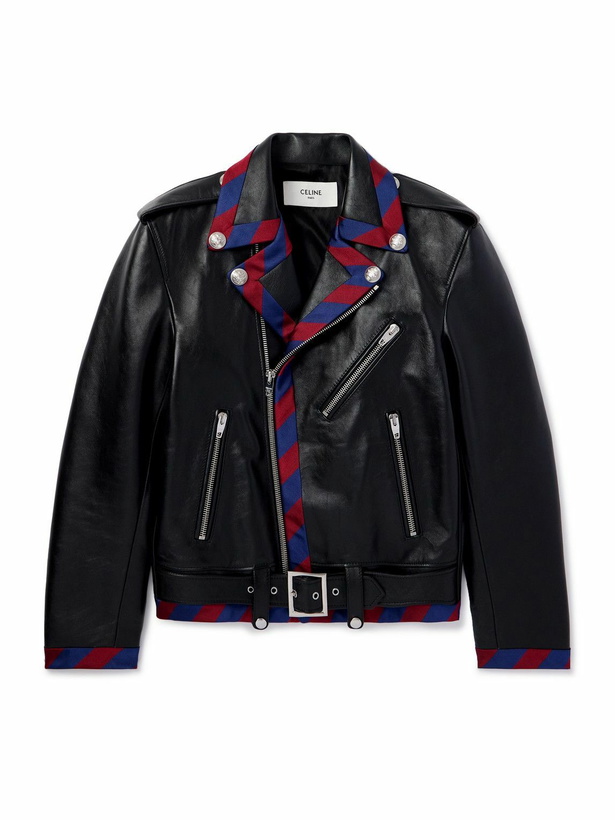 Photo: CELINE - Belted Striped Twill-Trimmed Leather Biker Jacket - Black