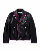 CELINE - Belted Striped Twill-Trimmed Leather Biker Jacket - Black