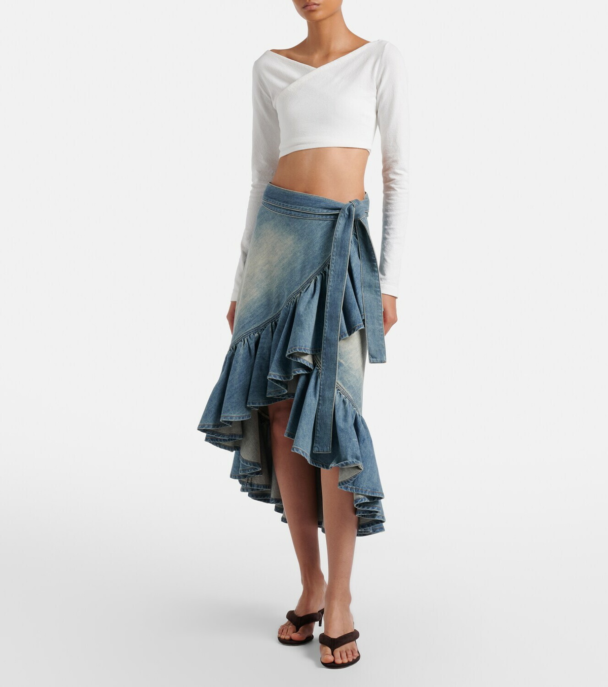 Alaïa Ruffled denim wrap skirt