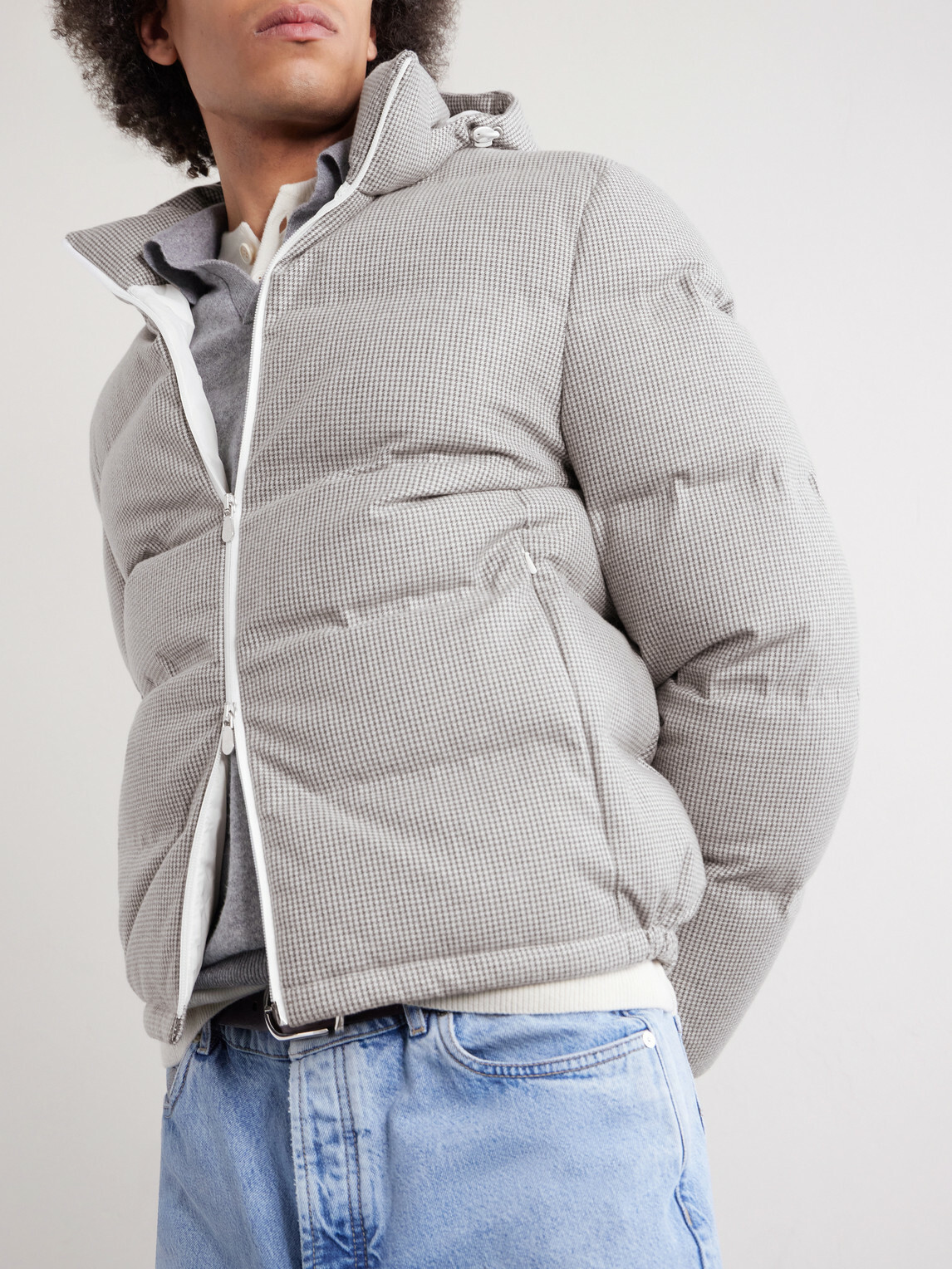 Brunello Cucinelli - Quilted Herringbone Cashmere and Silk-Blend Hooded Down Jacket - Gray