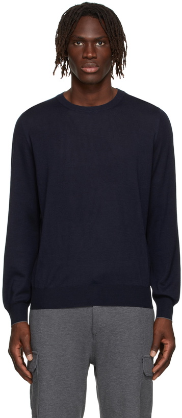 Photo: Brunello Cucinelli Navy Fine Gauge Crewneck Sweater