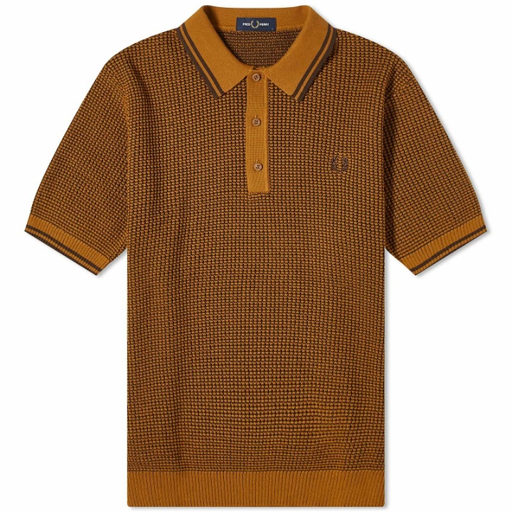 Photo: Fred Perry Men's Textured Knit Polo Shirt in Dark Caramel