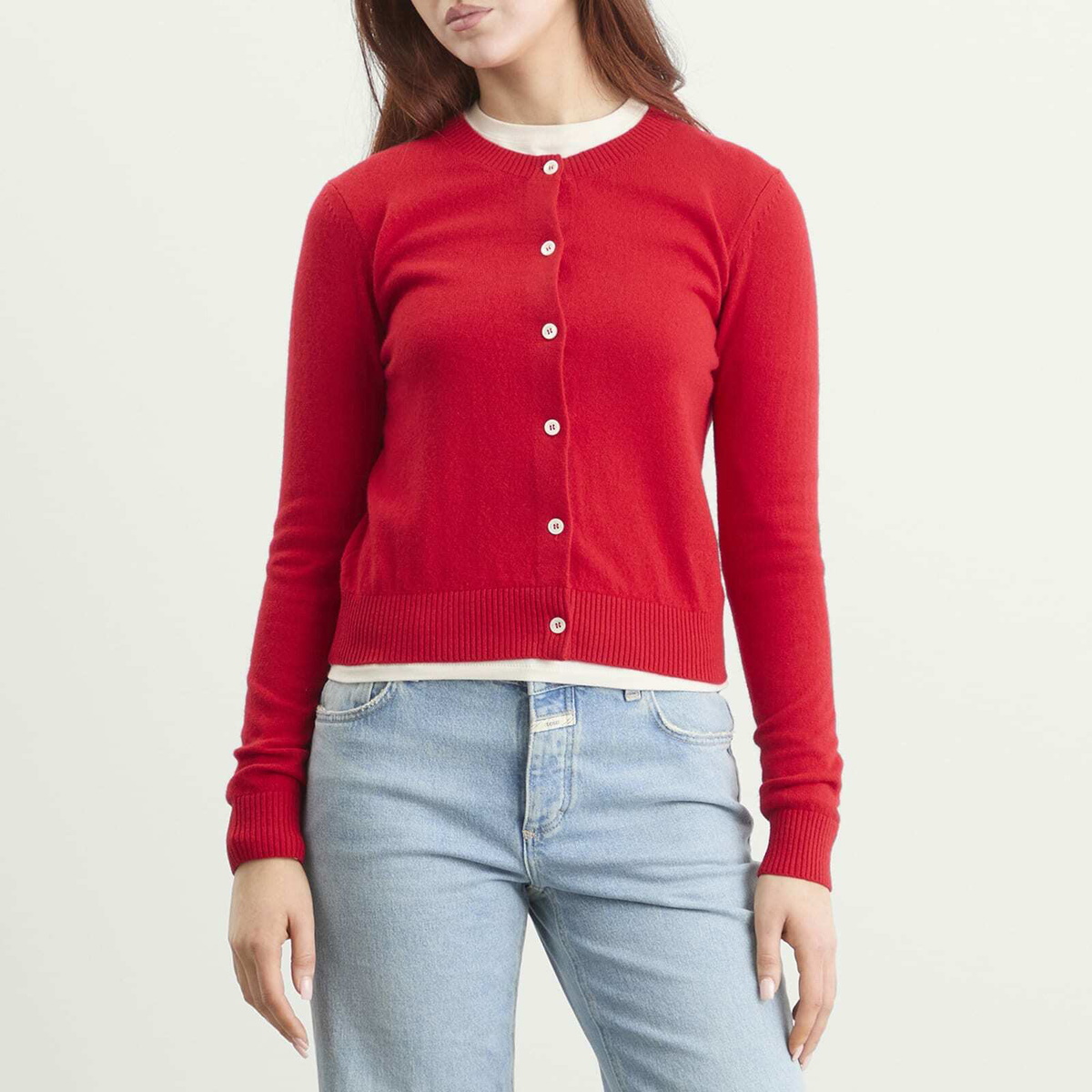 DUNST Women's Essential Crewneck Knit Cardigan in Tomato Red