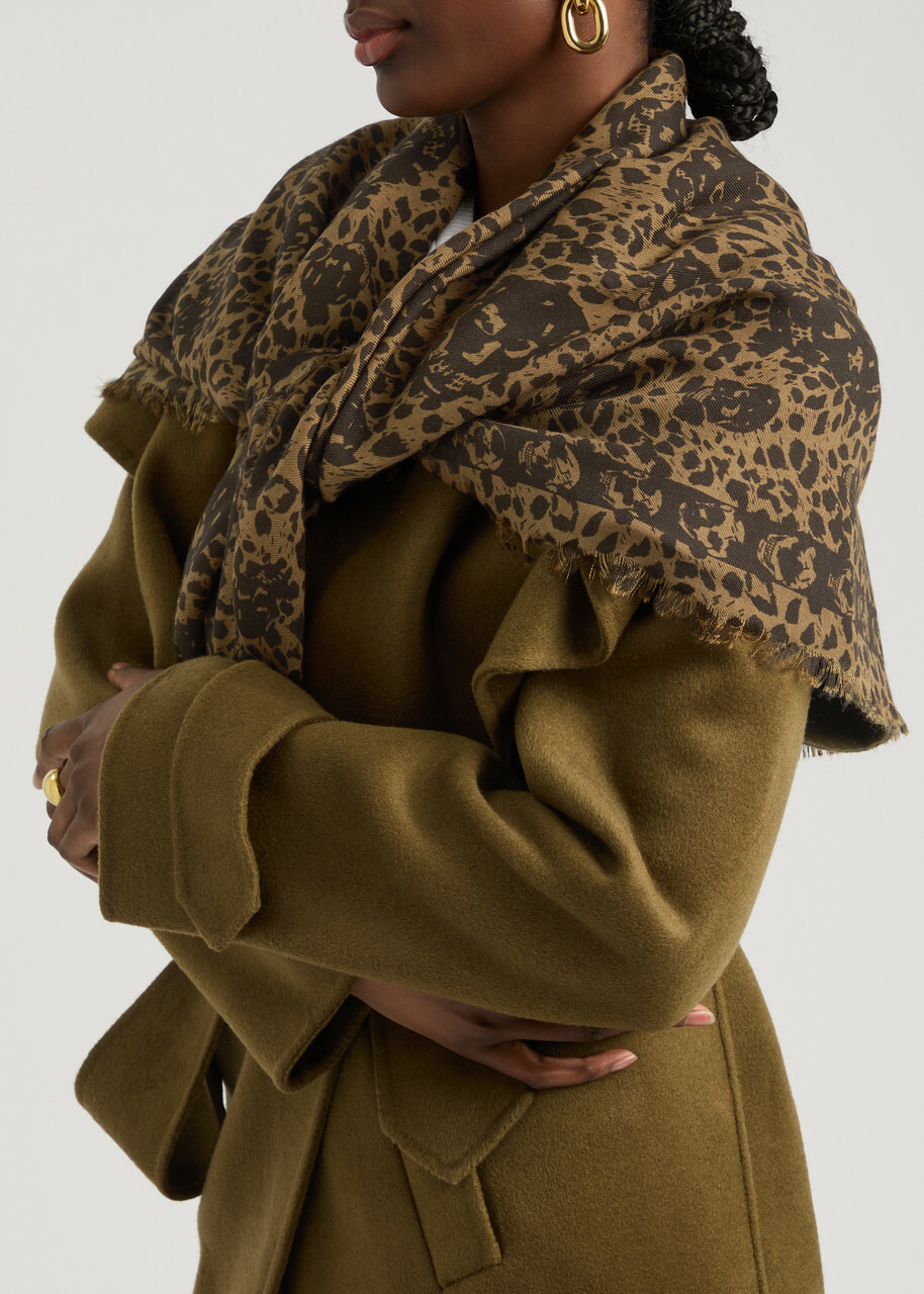 Alexander Mcqueen Leopard Skull Print Wool Scarf - Brown