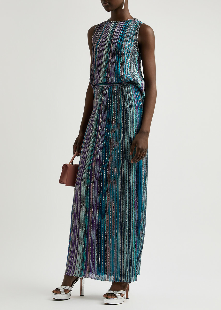 【タグ付き】MISSONI マルチカラースカート サイズ48 イタリア製 Missoni Striped Embellished Metallic-knit Maxi Skirt